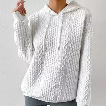 Толстовки и свитшоты женские однотонные осенние плюс повседневные в стиле жаккард с капюшоном и завязками с длинными рукавами трикотажные S белый