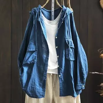 Толстовки из хлопковой пряжи для женщин, летние, в японском стиле, с капюшоном, короткие, длинные, однотонные рубашки и блузки, топы больших размеров one size чёрный