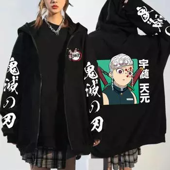 Толстовки на молнии Demon Slayer Uzui Tengen, аниме Kawaii для мальчиков, куртка на молнии с длинными рукавами, пальто, зимняя теплая куртка большого размера, толстовка S чёрный