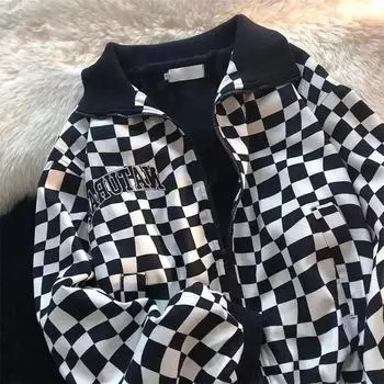 Толстовки на молнии, женские уличные винтажные клетчатые повседневные шикарные толстовки большого размера, корейские классические универсальные базовые топы для отдыха XL чёрный