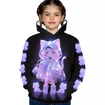 Толстовки с 3D-печатью, милые, с изображением девушек и кошек из аниме, уютные, детские, унисекс, повседневные, стильные, удобные, новинки, свитшоты, топы, осень-зима 160cm