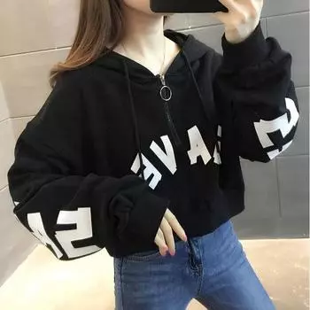 Толстовки с буквенным принтом Y2K, женские свободные тонкие толстовки на половинной молнии, Ins, весенне-осенний корейский повседневный укороченный пуловер с высокой талией M белый