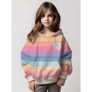 Толстовки с длинными рукавами и принтом «Милый единорог» для девочек, весна-осень, свитшот для девочек, пуловер с капюшоном, удобные топы, детская одежда 100