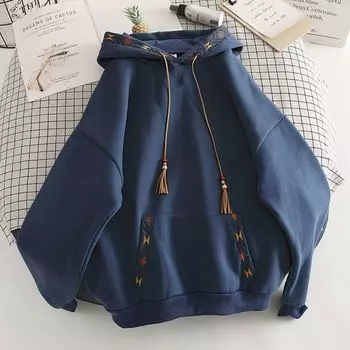 Толстовки с капюшоном большого размера Design Sense для женщин, повседневная модная толстовка с капюшоном, осень-зима, плюс бархатная толстая нишевая вышитая куртка с капюшоном, тренд XXXXL синий