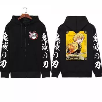 Толстовки с капюшоном Demon Slayer Agatsuma Zenitsu, популярные аниме Harajuku, хип-хоп, винтажные трендовые уличные модные повседневные толстовки на молнии с принтом S чёрный