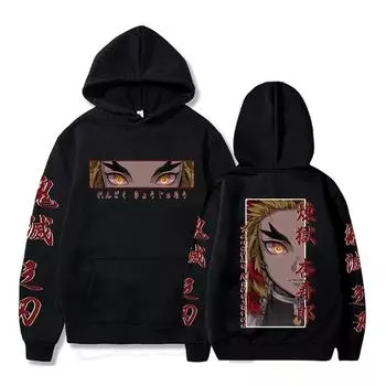Толстовки с капюшоном Demon Slayer Rengoku Kyoujurou Eye Hoodies Print Pullover Men Women Anime Oversize Casual Sweatshirt Fleece Hoodie XS чёрный