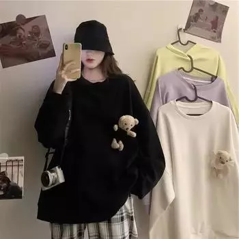 Толстовки с капюшоном для девочек, однотонные, осенние, корейские, универсальные, с длинными рукавами, блузы с круглым вырезом, милые, с карманом для куклы и медведя, свободные топы M чёрный