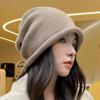 Толстовки с капюшоном для девочек с завязками на завернутых краях, ленивые шапки с капюшоном, мужские однотонные вязаные шапки One size чёрный