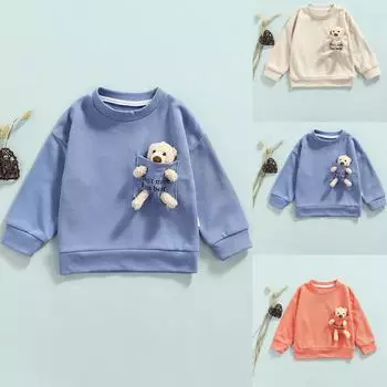 Толстовки с капюшоном для маленьких девочек и мальчиков, пуловер с длинными рукавами и медведем, топ 90/8 синий