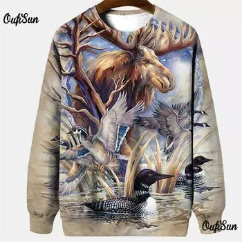 Толстовки с капюшоном для охоты для мужчин, одежда для активного отдыха, футболка с принтом лося 3D, свободный топ с длинным рукавом и круглым вырезом, мужской камуфляж S