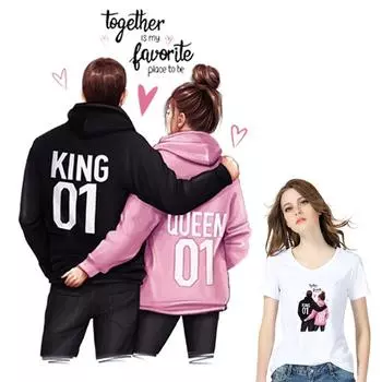 Толстовки с капюшоном для влюбленных King And Queen с термопереносом, топы A-уровня, моющиеся термопрессом, виниловые наклейки «сделай сам», утюг на заплатках, легкая печать