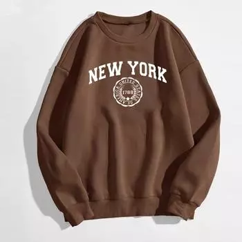 Толстовки с капюшоном для женщин, Нью-Йорк, с буквенным принтом, круглым вырезом, с длинными рукавами, с капюшоном, толстовка, повседневный джемпер, топы, пуловер XS коричневый