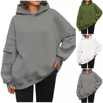 Толстовки с капюшоном для женщин, однотонная объемная толстовка с длинным рукавом, флис, осенняя мода, толстовки с карманом-карго L чёрный
