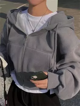 Толстовки с капюшоном для женщин, осень-зима, новая модная повседневная толстовка на молнии с длинными рукавами, шикарная свободная однотонная толстовка One Size белый