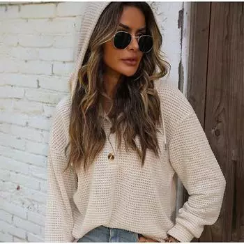Толстовки с капюшоном для женщин с вафельным узором, длинным рукавом, завязками на пуговицы, V-образным вырезом, повседневный пуловер, свитшот с капюшоном S бежевый