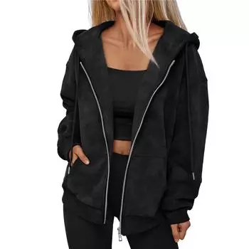 Толстовки с капюшоном для женщин, свободные толстовки, куртки осень-зима L чёрный