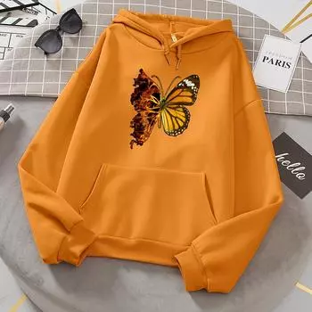 Толстовки с капюшоном Flaming Butterfly Wings для женщин, модная новинка, универсальная толстовка с капюшоном, классическая тенденция, новая одежда, свободная флисовая толстовка с круглым вырезом S