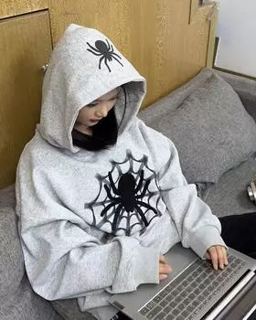 Толстовки с капюшоном Hip Hop Spider для женщин Harajuku Punk Loose Streetwear Hooded Pullover Jackets Autumn Casual Grunge Gray Jumper Unisex S белый