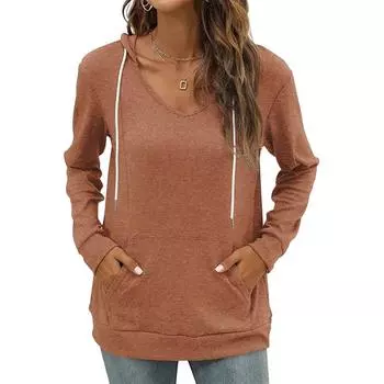 Толстовки с капюшоном и карманом-кенгуру для женщин, легкие толстовки с V-образным вырезом, топы с длинным рукавом S чёрный