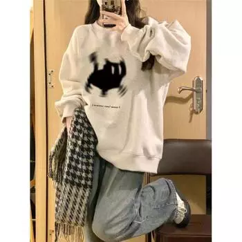 Толстовки с капюшоном и круглым вырезом с принтом кота, женские кавайные мультяшные свободные толстовки с капюшоном, женские с длинными рукавами, осень-зима M серый