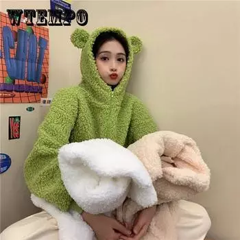 Толстовки с капюшоном и милыми ушками, шерстяное пальто из овечьей шерсти, женская зимняя одежда, свободное свободное пальто в корейском стиле для подружек, короткое пальто, свитшот XXXL белый
