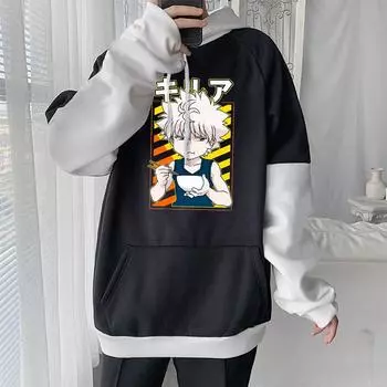 Толстовки с капюшоном из мультфильма HUNTERHUNTER Killua Zoldyck для мужчин и женщин, популярная уличная одежда с капюшоном и графикой в стиле аниме, винтажные готические толстовки с круглым вырезом S чёрный