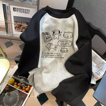 Толстовки с капюшоном Kawaii Star Cat Print из хлопка Y2k Aesthetic Patchwork Women Tops Japanese Sweet Contrast Color Loose Hoodies M чёрный