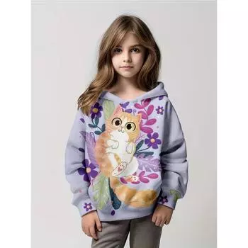 Толстовки с капюшоном с милым принтом котят и цветов для девочек, толстовка с эластичным кроем, с длинным рукавом, осень-зима, пуловер, топы для молодежи и детей 110cm