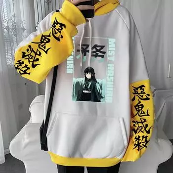 Толстовки с капюшоном с принтом японского аниме «Demon Slayer Tokitou Muichirou» для мужчин и женщин Kimetsu No Yaiba, толстовка в стиле Харадзюку, пуловер унисекс XS чёрный