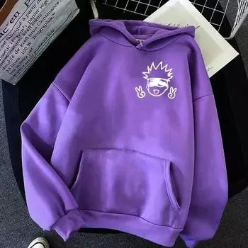 Толстовки с капюшоном в стиле аниме Толстовки с капюшоном и свитшотами с принтом Kawaii Gojo Satoru в уличном стиле для женщин S чёрный