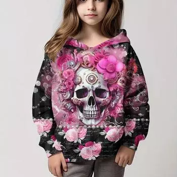 Толстовки с капюшоном, великолепный 3D-принт черепа для девочек, пуловер, толстовка, удобная посадка, вечеринка на Хэллоуин, длинный рукав, детская одежда, топы для девочек 100CM