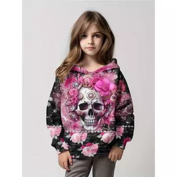Толстовки с капюшоном, великолепный 3D-принт черепа для девочек, пуловер, толстовка, удобная посадка, вечеринка на Хэллоуин, длинный рукав, детская одежда, топы для девочек 100CM