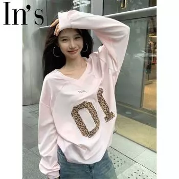 Толстовки с капюшоном Y2k с леопардовым принтом и буквами для женщин в американском стиле Харадзюку в полоску в стиле пэчворк розового цвета большого размера в американском стиле с верхним пуловером S розовый