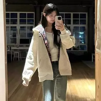 Толстовки с капюшоном женские с карманом на молнии в клетку с длинным рукавом плюс бархат осенние теплые на молнии корейские популярные повседневные студенческие S белый