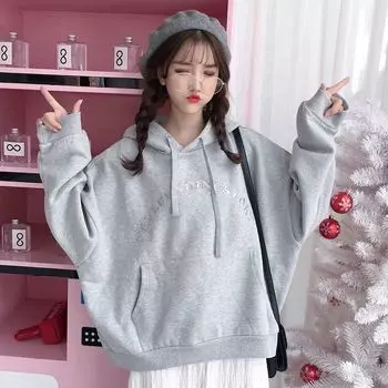 Толстовки с капюшоном, женские толстовки с вышивкой, на шнуровке, с передним карманом, одежда для студентов, свободные повседневные, бархатные, плотные, универсальные, простые, стильные S чёрный