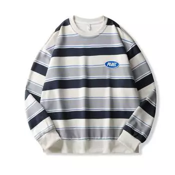 Толстовки с круглым вырезом, модный свитер, мужская весенне-осенняя повседневная футболка с круглым вырезом и длинными рукавами, полосатый пуловер для пары, свободные топы S синий