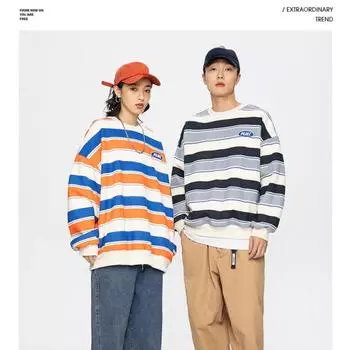 Толстовки с круглым вырезом, модный свитер, мужская весенне-осенняя повседневная футболка с круглым вырезом и длинными рукавами, полосатый пуловер для пары, свободные топы S синий