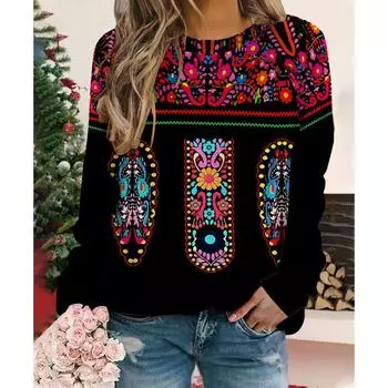 Толстовки с мексиканским цветочным принтом в этническом стиле, женские толстовки с 3D принтом Y2K, толстовка с длинными рукавами, пуловеры больших размеров, женские топы, одежда S