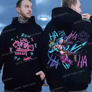 Толстовки с принтом «Аниме Аркан Джинкс» Игровые персонажи Толстовки с капюшоном с принтом «Аркан Джинкс» для мужчин Любители хип-хопа и игр, толстовки с длинным рукавом для мужчин S чёрный