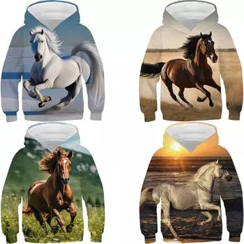 Толстовки с принтом бегущей лошади, толстовки, осенний флисовый свитер, спортивный костюм для мальчиков и девочек, y2k, толстовка с капюшоном Sudadera White Horse, детская одежда 100