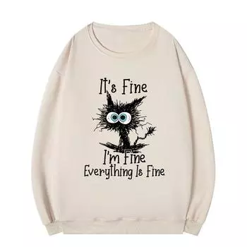 Толстовки с принтом для женщин I m Fine Everything Letters Pullovers Plus Size O Neck Sweatshirts Female S чёрный