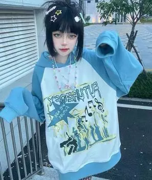 Толстовки с принтом граффити, женские винтажные уличные толстовки с капюшоном, корейские пуловеры с длинными рукавами, осенние топы Y2K M синий