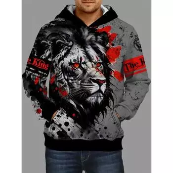 Толстовки с принтом льва 3D для мужчин, графическая толстовка с карманом-кенгуру, удобный свободный модный свитер с капюшоном, мужская одежда на осень S