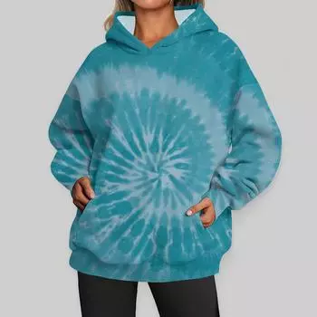 Толстовки с принтом тай-дай, женские, повседневные, осенние, тонкие, с длинным рукавом, свитер, блузка, женский, с карманом, завязками, с капюшоном S