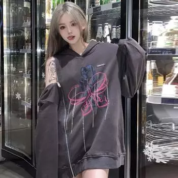 Толстовки с принтом в готическом стиле, женские толстовки в корейском стиле, уличная одежда в стиле Харадзюку, осенняя серая толстовка с кисточками на молнии, стразы M чёрный