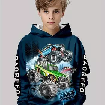 Толстовки с принтом в виде грузовиков 3D OFF-ROAD для мальчиков, слегка растягивающиеся толстовки с капюшоном и длинными рукавами для повседневного отдыха на свежем воздухе 100