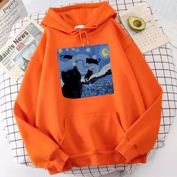 Толстовки с принтом «Звездная кошка ночь», мужские осенние толстовки большого размера, модные флисовые толстовки, повседневные пуловеры S-Xxl, топы S
