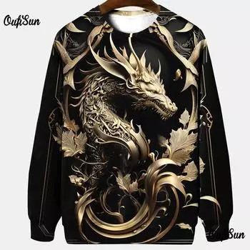 Толстовки с животными для мужчин Толстовка без шапки Футболки с рисунком дракона 3D-печать Мужская одежда больших размеров Топы Толстовка-пуловер S