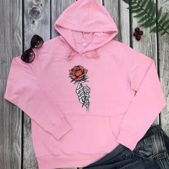 Толстовки со скелетом и розой, любимая толстовка на Хэллоуин, джемпер розового цвета, женский модный повседневный хлопковый топ в стиле гранж, эстетический S чёрный