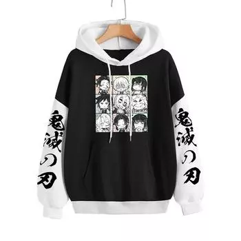 Толстовки унисекс в стиле аниме «Demon Slayer Kamado Tanjirou» Harajuku, осенняя уличная толстовка большого размера с героями мультфильмов, женские и мужские толстовки S чёрный